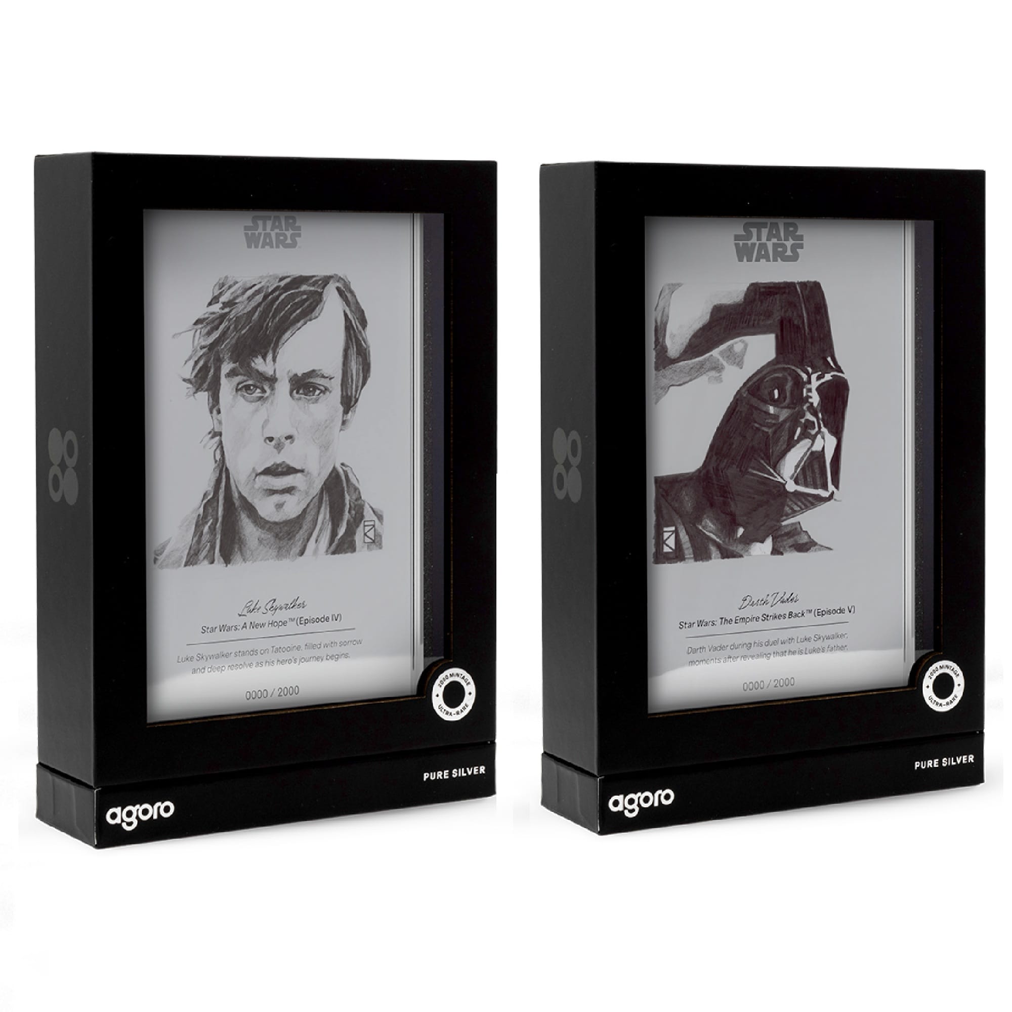 Darth Vader and Luke Skywalker Star Wars Sketch Art Combo 5g Silver Collectible Foils by Agoro