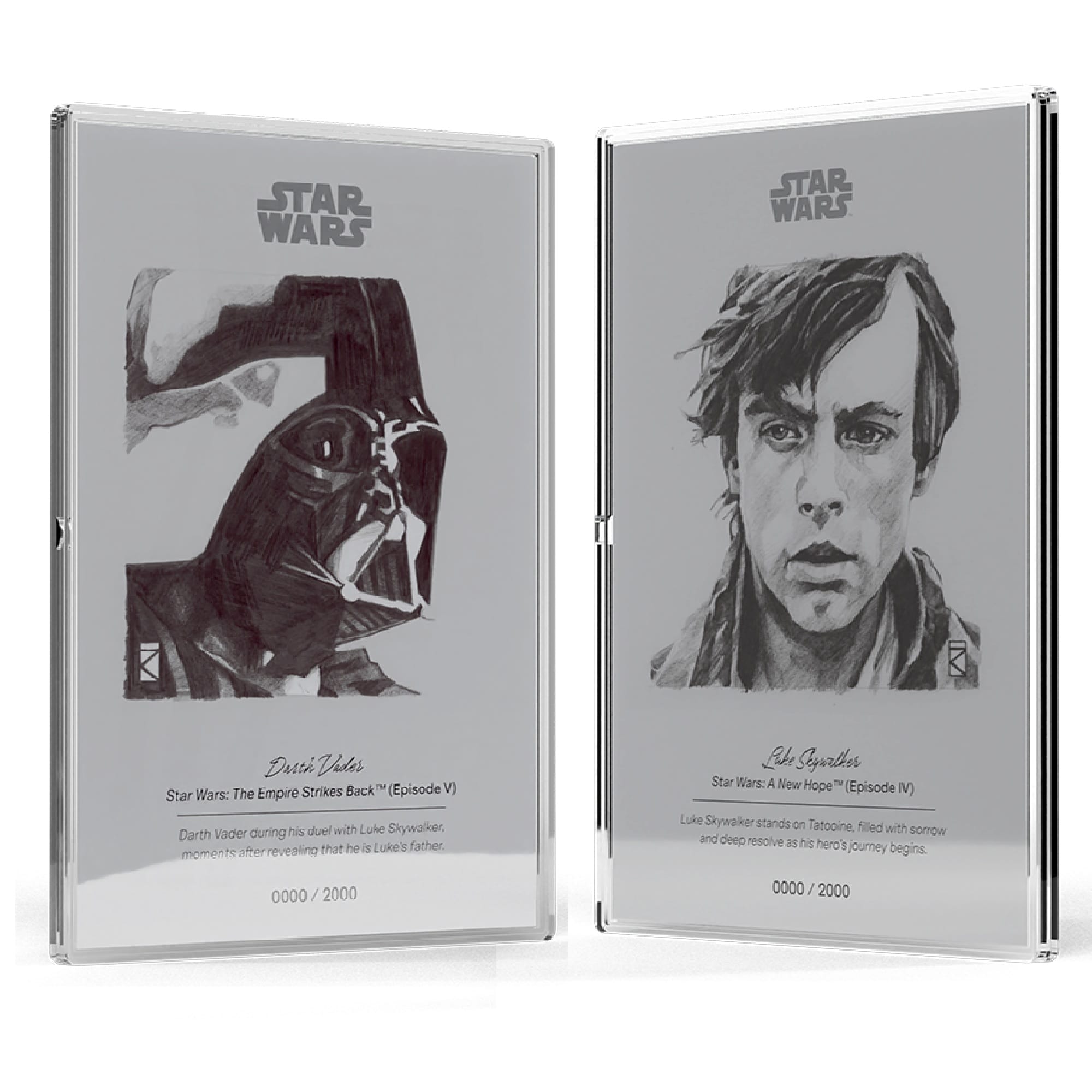 Darth Vader and Luke Skywalker Star Wars Sketch Art Combo 5g Silver Collectible Foils by Agoro