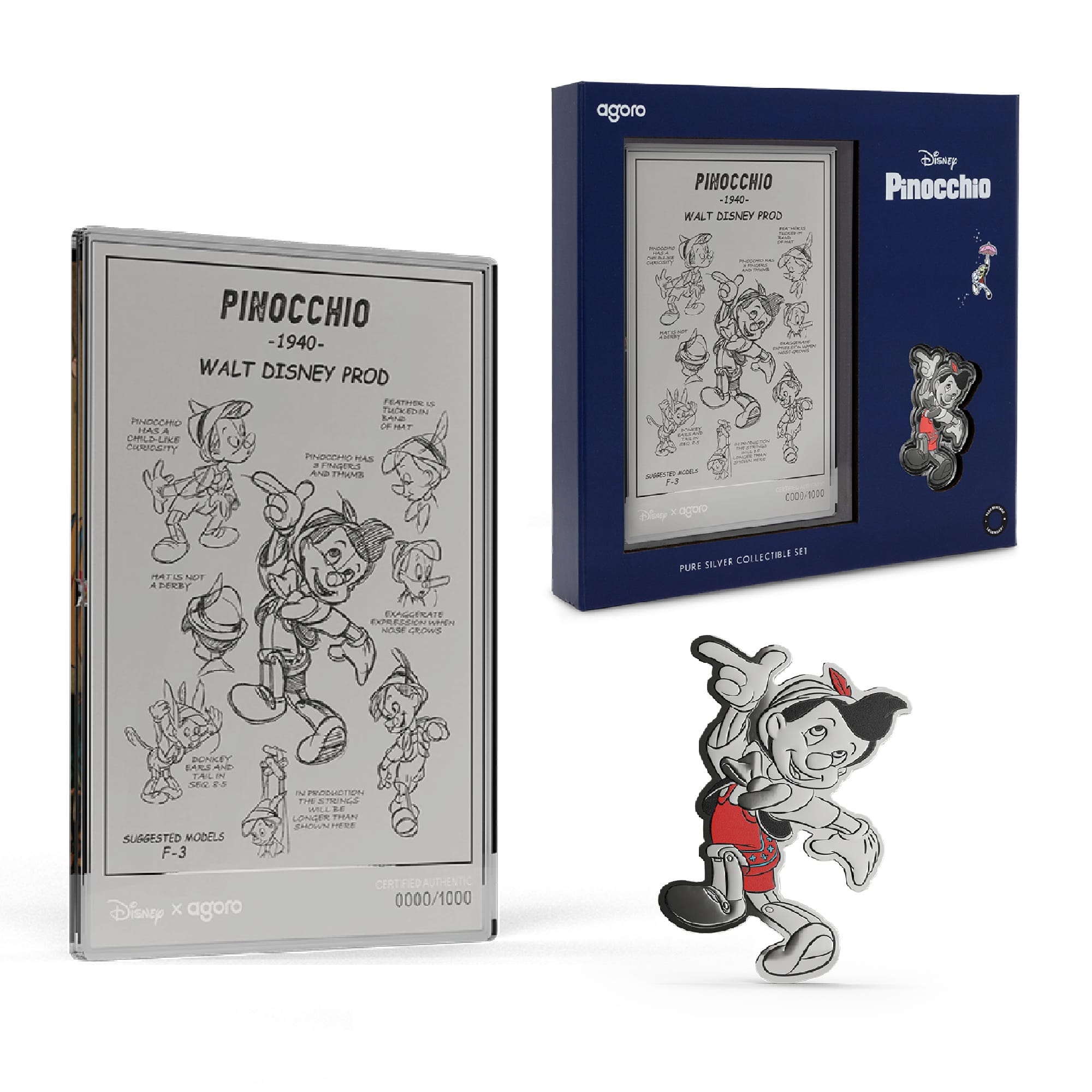 Disney Pinnochio Silver Collectible Set Ltd Edition 1000 pcs Worldwide by Agoro
